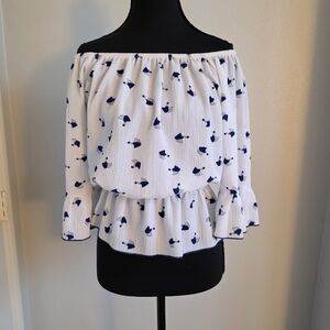 Women's Off-Shoulder White and Blue Top